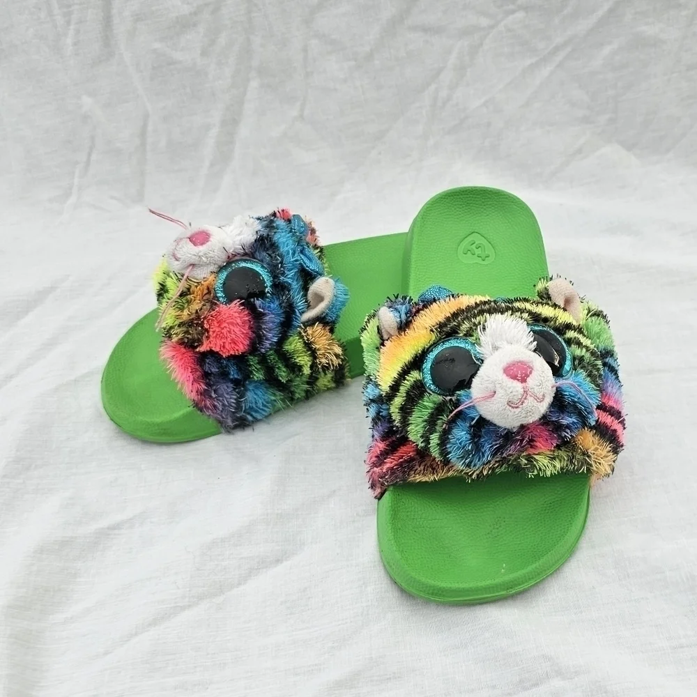 Ty - Fashion Slipper Slides - size 11-13 green and multicolored cat Tigerly-